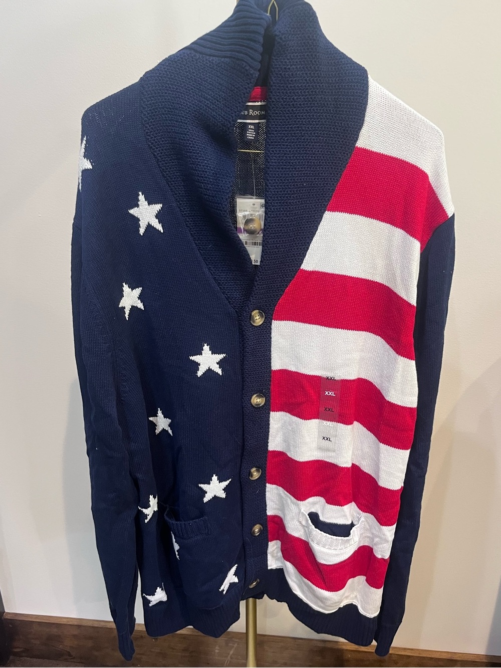 Club Room Navy, Red & White Shawl Collar Cardigan